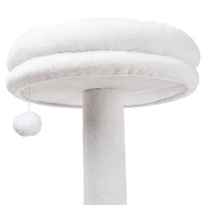 Bijeli stup za penjanje s okruglom platformom i visećom lopticom, presvučen mekanom tkaninom.