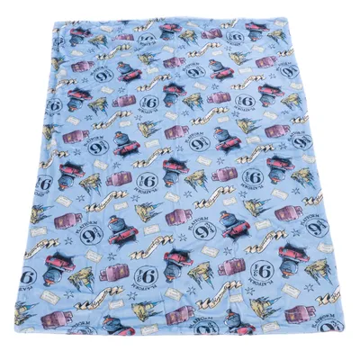 Coperta azzurro chiaro con motivi Harry Potter, tra cui Binario 9¾, Hogwarts Express, frutti di boscotte magiche e bagagli.