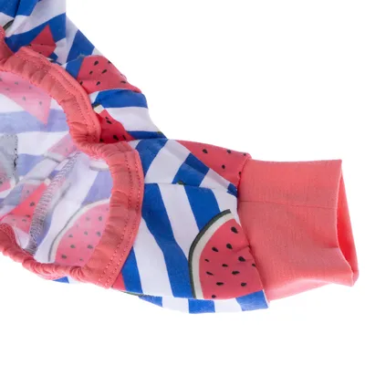 Nahaufnahme eines Stoffdesigns mit Wassermelonenmuster und blauen Streifen, rosa Bündchen.