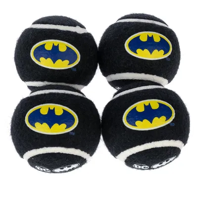 Fire sorte bolde med Batman-logo i gul og blå, egnet til kæledyr.