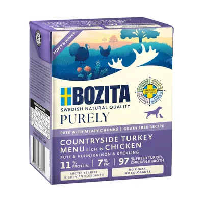 Bozita Purely Countryside Turkey Menu met kip. Graanvrij recept, 11% eiwit, 7% vet, 97% verse kalkoen, kip en bouillon. Gemaakt in Zweden, zonder suiker, geen kleurstoffen.