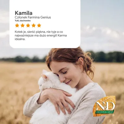 Ocena klienta: 5 gwiazdek, Kamila, Członek Farmina Genius. Komentarz po polsku na temat energii i sierści zwierzaka. Logo N&D Ancestral Grain w prawym dolnym rogu. Ocena klienta: 5 gwiazdek, Kamila, Członek Farmina Genius. Komentarz po polsku na temat energii i sierści zwierzaka. Logo N&D Ancestral Grain w prawym dolnym rogu.