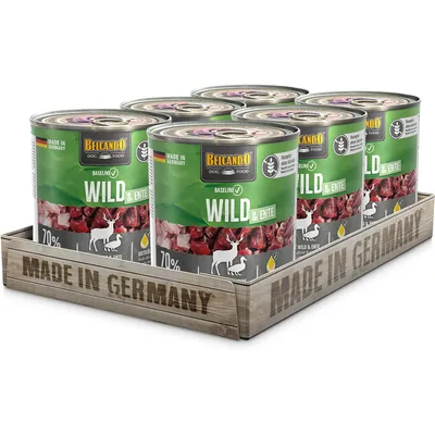 Belcando Dog Food Baseline Wild & Duck, 70% meat content, Made in Germany. Six cans on wooden tray with 'Made in Germany' label.