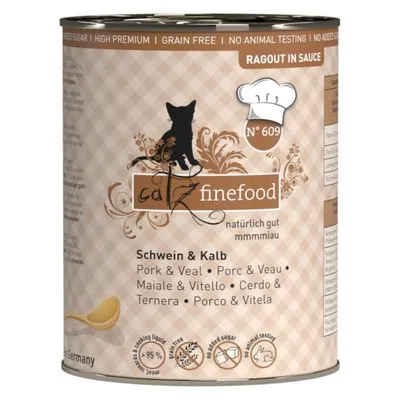 Catz finefood N°609 ragout in saus, Schwein & Kalb. Tekst: natuurlijk gut mmmmiau, geen toegevoegde suiker, graanvrij, geen dierproeven, 95% vlees. Meertalige productnamen zichtbaar.