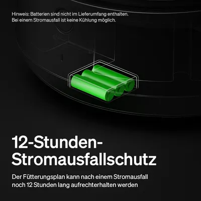 12-Stunden-Stromausfallschutz. Der Fütterungsplan bleibt nach einem Stromausfall bis zu 12 Stunden aktiv. Hinweis: Batterien nicht enthalten, keine Kühlung bei Stromausfall möglich.