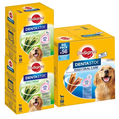 Pedigree Dentastix Daily Fresh und Daily Oral Care. Packungen mit 28 und 56 Sticks für Hunde. Unterstützt Zahnpflege mit 3-fach Wirkung. Big Pack x56, Nr.1 der Tierärzte empfohlen.