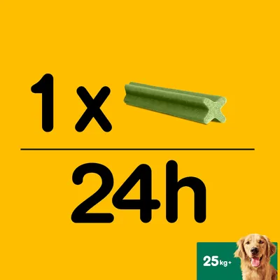 Indicação de uso: 1 snack verde em forma de estrela por dia para cães com mais de 25 kg. Texto visível: 1x, 24h, 25 kg+.