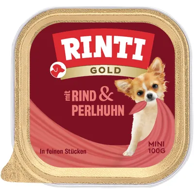 Rinti Gold marhával és gyöngytyúkkal, Mini 100 g, finom darabokban. A csomagoláson egy kis kutya látható.