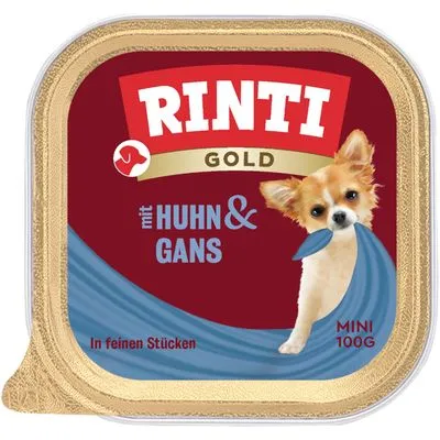 RINTI Gold hondenvoer, mit Huhn & Gans, MINI 100g, In feinen Stücken. Hond afgebeeld op verpakking. Tekst deels in het Duits.