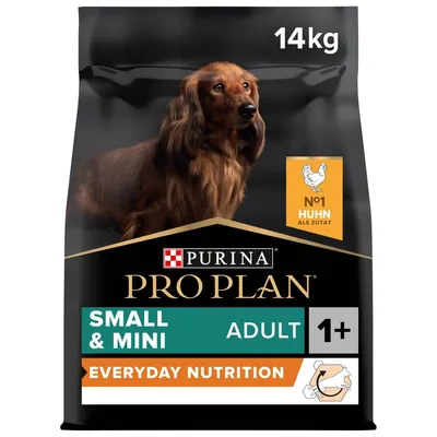 Saco de 14 kg de ração Purina Pro Plan Small & Mini Adult 1+ Everyday Nutrition. Texto visível: No1 Huhn als Zutat. Imagem de cão e símbolo de frango.