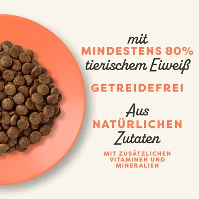 Mit mindestens 80% tierischem Eiweiss, getreidefrei, aus natürlichen Zutaten, mit zusätzlichen Vitaminen und Mineralien.