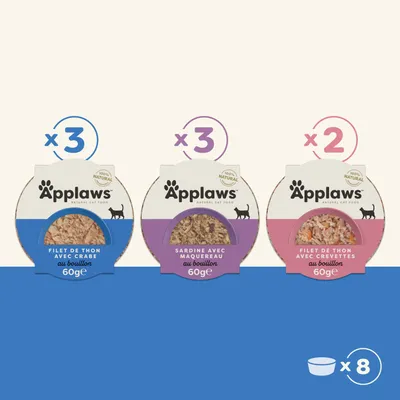 Applaws Natural Cat Food : 3x filet de thon avec crabe, 3x sardine avec maquereau, 2x filet de thon avec crevettes, chaque 60 g, au total 8 barquettes.