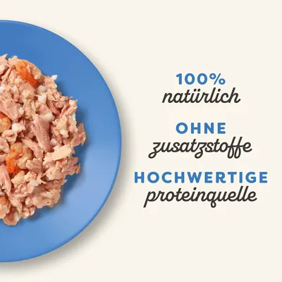 100% natürlich, ohne Zusatzstoffe, hochwertige Proteinquelle. Abgebildet ist ein Teller mit Fleisch und Garnelen.