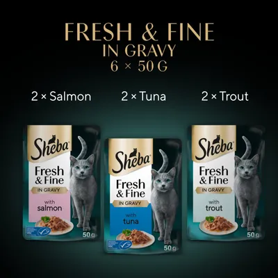Sheba Fresh & Fine in Gravy Mini Pouches 6 x 50g - Salmon, Tuna & Trout Sheba Fresh & Fine in Gravy Mini Pouches 6 x 50g - Salmon, Tuna & Trout