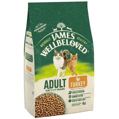 James Wellbeloved Adult Kat 1-7 jaar, kalkoen, hypoallergeen kattenvoer met natuurlijke prebiotica voor spijsvertering, vitaminen voor immuunsysteem en omega-vetzuren voor huid en vacht, 4kg.