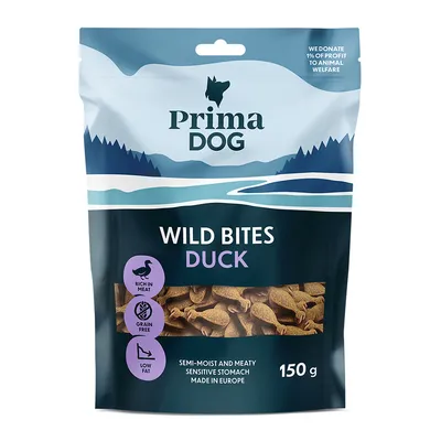 Prima Dog Wild Bites Duck, богатое мясом, без зерна, с низким содержанием жира, полувлажное и мясное, для чувствительного желудка, произведено в Европе, 150 г.