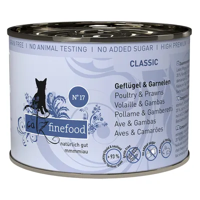 Catz Finefood Classic Nr. 17, drób i krewetki, 93% mięsa, bez zbóż, bez dodatku cukru, bez testów na zwierzętach, wysokiej jakości składniki.
