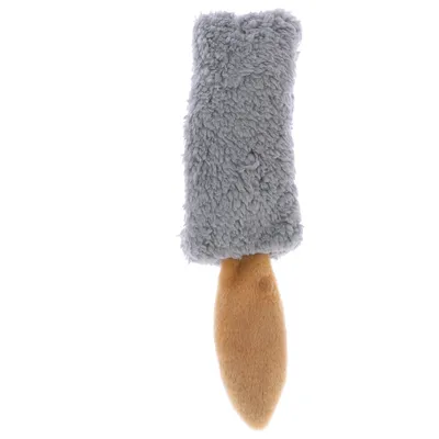 Juguete con cuerpo de felpa gris y cola marrón, apto para mascotas.