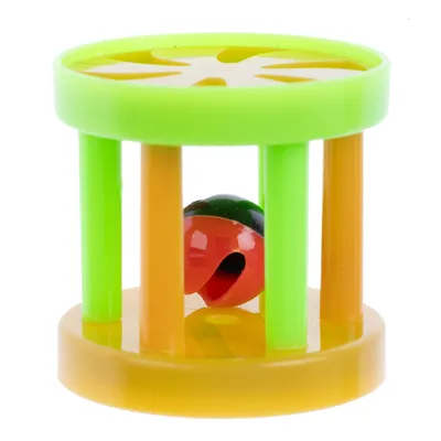 Toy made of plastic with yellow and green bars, contains a red and black ball inside.