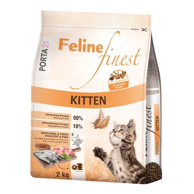 Porta 21 Feline Finest Kitten, crocchette per gattini, 2 kg. 90% proteine animali, 10% vegetali. Gusto pollame e pesce con riso ed erbe aromatiche. Immagine di un gattino e ingredienti visibili.