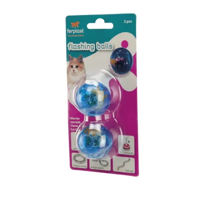 Ferplast Flashing Balls, 2 броя. Светещи топки за игра за котки, съвместими с Clever Cat Toys. Опаковката показва сини топки и аксесоари като Tornado, Magic Circle и Toboga.