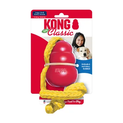Jouet KONG Classic Rope taille Large, caoutchouc naturel durable, corde jaune, pour chiens 13–30 kg. Texte visible : 'Durable natural rubber', 'KONG Classic', 'Large/Grand'.
