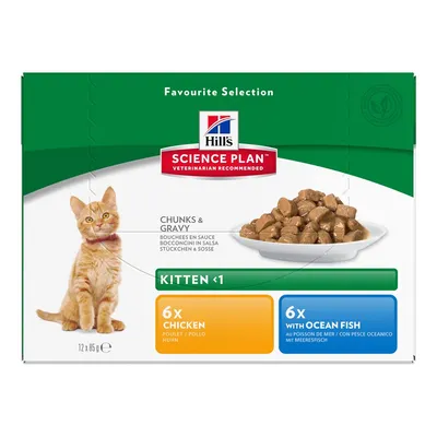 Hill's Science Plan Chunks & Gravy para gatitos menores de 1 año, pack de 12x85g: 6 con pollo y 6 con pescado oceánico. Imagen de un gato y plato con trozos en salsa. Hill's Science Plan Chunks & Gravy para gatitos menores de 1 año, pack de 12x85g: 6 con pollo y 6 con pescado oceánico. Imagen de un gato y plato con trozos en salsa.
