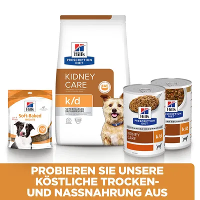 Hill's Prescription Diet Kidney Care k/d dry food, wet food and soft-baked biscuits. Try our tasty dry and wet food.