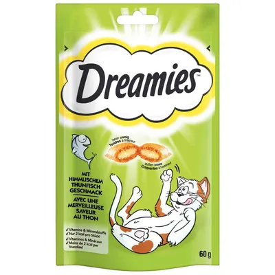 Dreamies mit himmlischem Thunfischgeschmack, aussen kross und innen cremig. 60g Packung. Nur 2 kcal pro Stück, mit Vitaminen und Mineralstoffen.