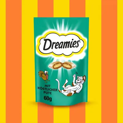 Dreamies prigrizek za mačke s slastnim puranom, 60g. Embalaža prikazuje mačko in purana.