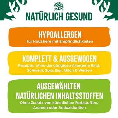 Natürlich Gesund. Hypoallergen für Haustiere mit Empfindlichkeiten. Rezeptur ohne Rind, Schwein, Soja, Eier, Milch & Weizen. Ohne künstliche Farbstoffe, Aromen oder Antioxidantien.