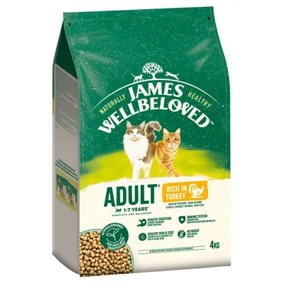 James Wellbeloved Adult cat food, rich in turkey, hypoallergenic, for sensitive pets, supports healthy digestion, skin and coat, wheat-free, 4kg pack.