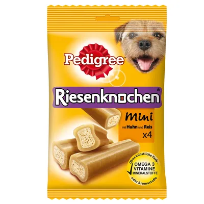 Pedigree Riesenknocken Mini mit Huhn und Reis x4. Omega 3, vitaminas, minerales. Sin colorantes ni aromatizantes artificiales. Imagen de los snacks y un perro en el envase.