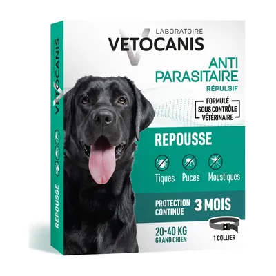 Vetocanis collier antiparasitaire pour grands chiens, protège contre les tiques, puces et moustiques. Efficace 3 mois. Convient aux chiens de 20 à 40 kg. Formulé sous contrôle vétérinaire.