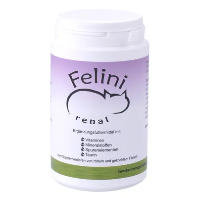 Felini renal Ergänzungsfuttermittel mit Vitaminen, Mineralstoffen, Spurenelementen und Taurin. Zum Supplementieren von rohem und gekochtem Fleisch.