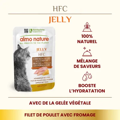 almo nature HFC Jelly filet de poulet avec fromage pour chat adulte, 100 % naturel, mélange de saveurs, booste l’hydratation, avec gelée végétale. Texte en anglais, italien, allemand.