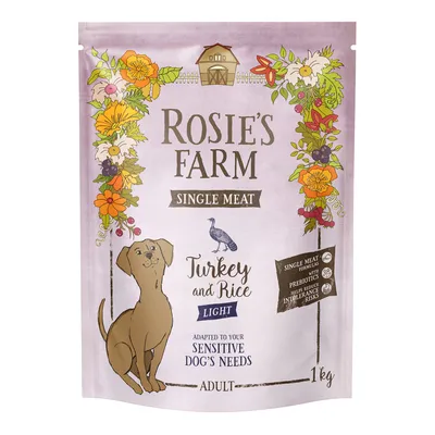Rosie's Farm Single Meat Turkey and Rice Light. Angepasst an die Bedürfnisse empfindlicher Hunde. 1kg Adult. Mit Präbiotika zur Unterstützung der Verdauung.