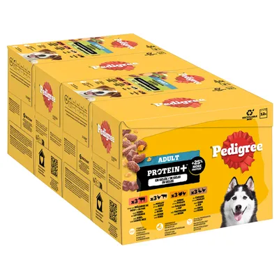 Pedigree Adult Protein+ с 25% повече протеин, 12 порционни пауча в желе. Рециклируема опаковка, подходяща за кучета над 12 месеца.