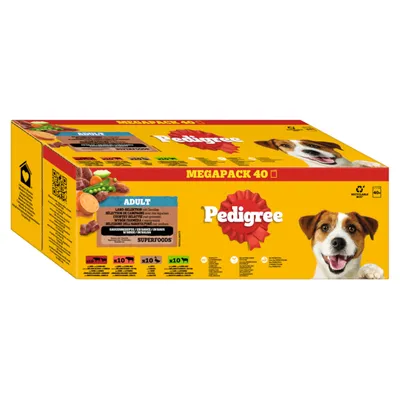 Pedigree Megapack 40 para perros adultos, contiene 10x ternera, 10x pollo, 10x cordero, 10x verduras. Con superalimentos y sin colorantes artificiales.