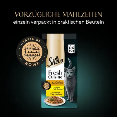 Sheba Fresh Cuisine Taste of Rome, 6x50g. Sorten: Truthahn ai Pomodoro, Huhn alla Carbonara, Geflügel alla Puttanesca. Vorzügliche Mahlzeiten einzeln verpackt in praktischen Beuteln.