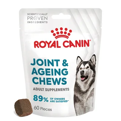 Royal Canin Joint & Ageing Chews Adult Supplements, 89% of owners are satisfied, 60 pieces, Scientifically Proven Ingredients, un cube visible devant l’emballage