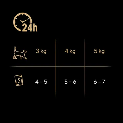 Conseils d’alimentation par poids du chat et sachets/jour : 3 kg 4–5, 4 kg 5–6, 5 kg 6–7, sur 24h. Tableau noir avec pictogrammes de chat et sachet.