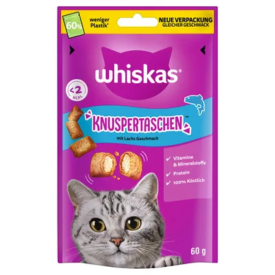 Whiskas Knuspertaschen mit Lachs Geschmack, 60g. Neue Verpackung mit 60% weniger Plastik. Enthält Vitamine & Mineralstoffe, Protein, 100% köstlich. Weniger als 2 kcal pro Stück.