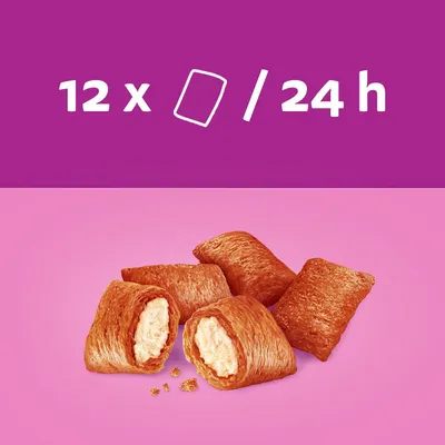 Produktabbildung: Knusprige Snacks mit cremiger Füllung. Text: 12 Stück pro Tag / 24 Stunden.