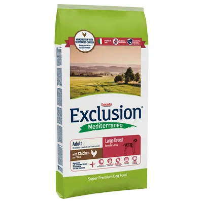Dorado Exclusion Mediterraneo Adult Large Breed med kyckling. Monoprotein, glutenfri, tillverkad i Italien, utan djurförsök. Super Premium Dog Food.