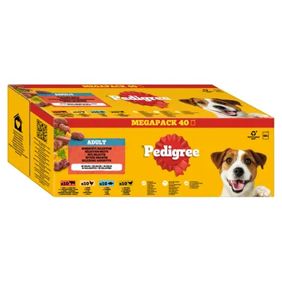 Pedigree Megapack 40 para perros adultos, selección mixta con carne. Contiene 40 sobres: 10x ternera, pollo, cordero y pavo cada uno. Reciclable.
