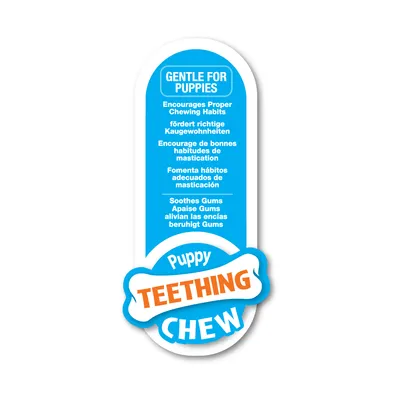 Puppy Teething Chew. Främjar rätt tuggvanor, lugnar tandköttet. Text på engelska, tyska, franska och spanska.