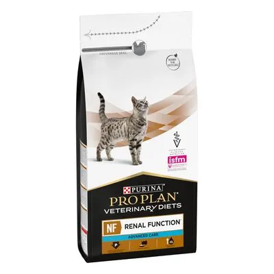Purina Pro Plan Veterinary Diets NF Renal Function Advanced Care kattenvoer, verpakking met afbeelding van kat en isfm-keurmerk zichtbaar.