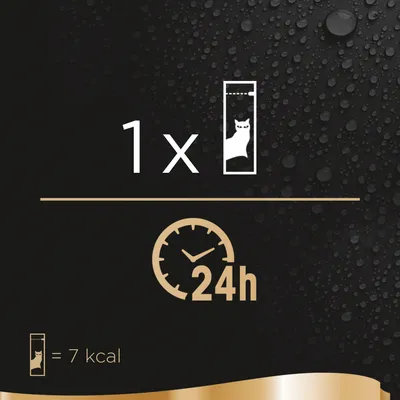 Kuvassa ohje: 1 kpl kissanruokapakkaus vuorokaudessa, yksi pakkaus sisältää 7 kcal. Kellokuvake ja teksti 24h näkyvissä.