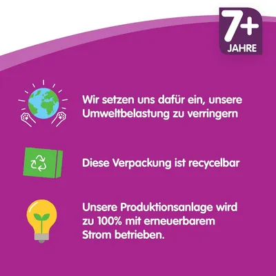 Tekst na njemačkom: Wir setzen uns dafür ein, unsere Umweltbelastung zu verringern. Diese Verpackung ist recycelbar. Unsere Produktionsanlage wird zu 100% mit erneuerbarem Strom betrieben. 7+ Jahre.